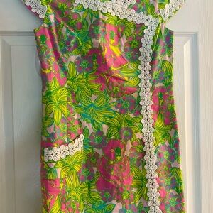 Floral Pink and Green Dress with White Trim